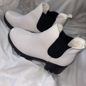White Chelsea Lug Booties with Black Elastic Panels